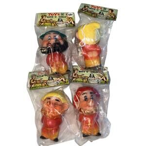 NEW Vintage 4 Plastic Elf Gnome Dwarves Ornaments 1960s 3" Squish Toys Hong Kong